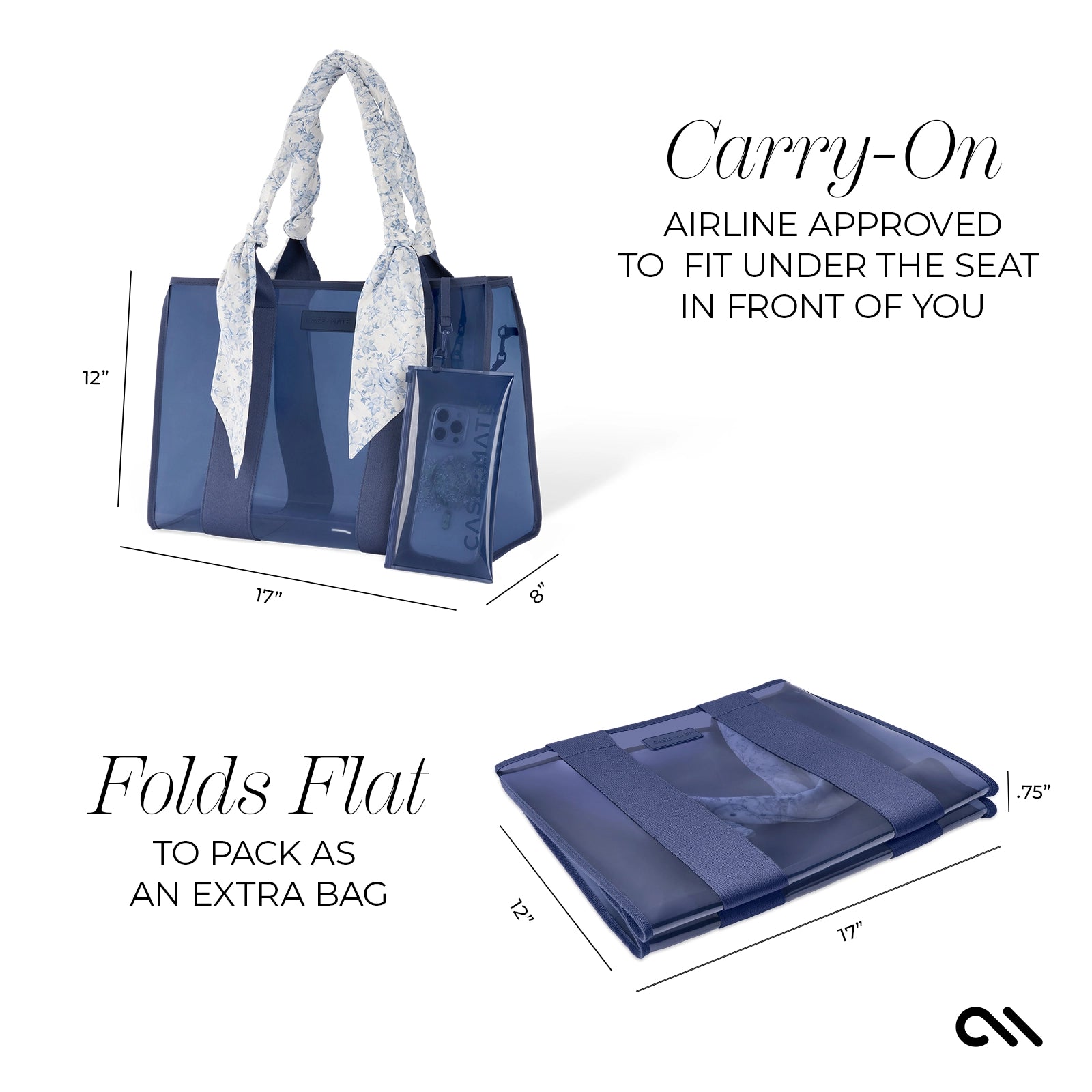 Blue carry-on bag with dimensions and airline approval text on a white background
