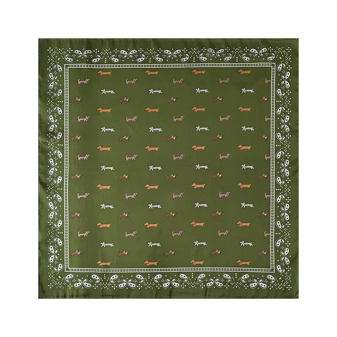 An olive green square bandana or scarf featuring a repeating pattern of dachshund dogs in orange, brown, and white, framed by a white paisley border.