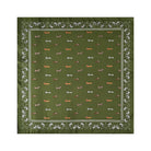 An olive green square bandana or scarf featuring a repeating pattern of dachshund dogs in orange, brown, and white, framed by a white paisley border.