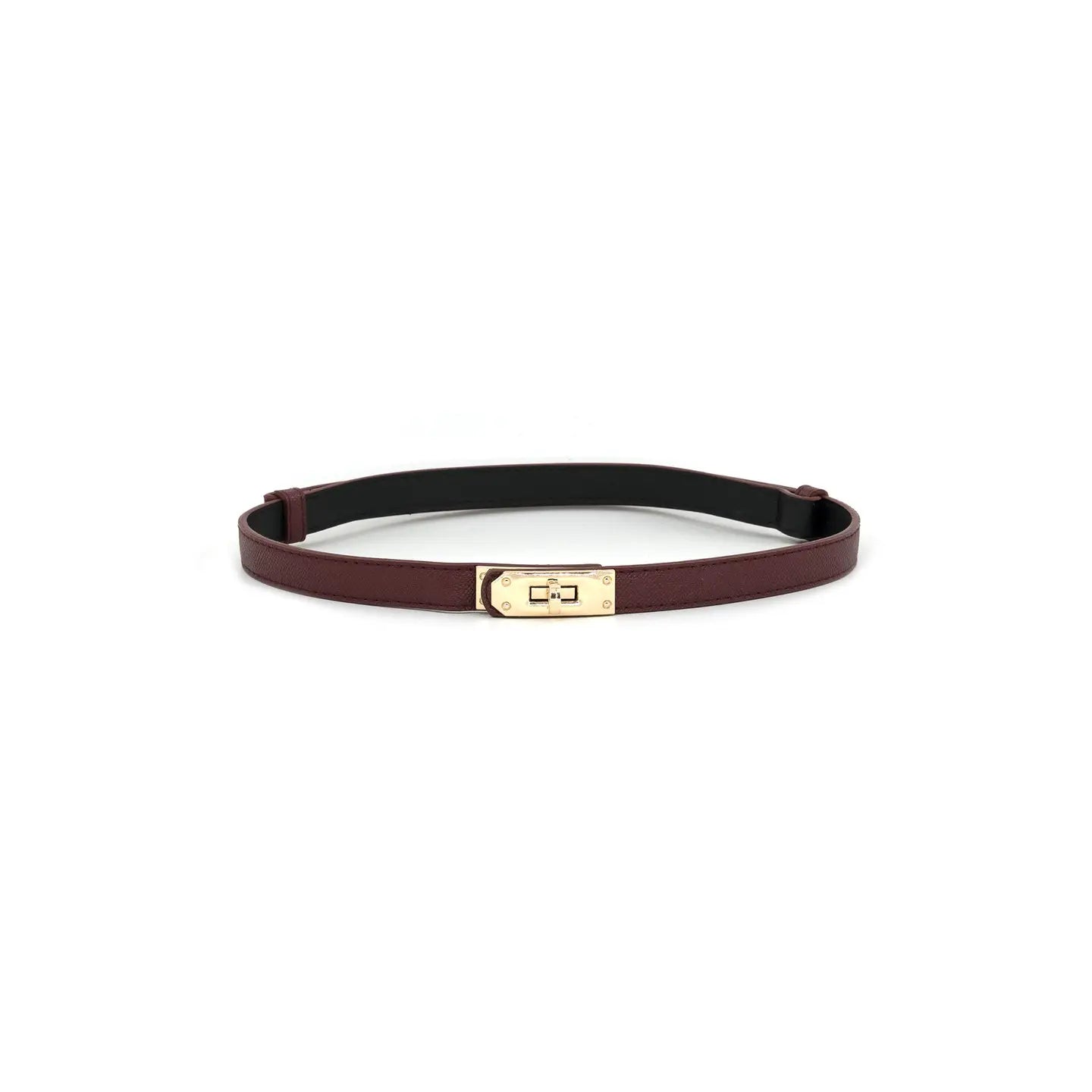 skinny burgundy faux leather gold lock belt