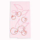 A light pink kitchen towel featuring a minimalist line-art pattern of cherries in shades of pink and red, shown flat against a white background.