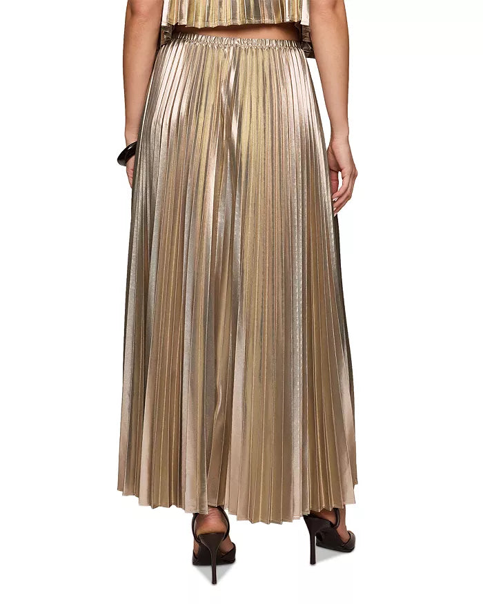 A model from the waist down wearing a metallic gold pleated maxi skirt with a matching top and black high-heeled sandals, set against a plain white background.