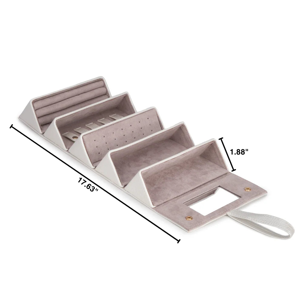 white hanging jewelry/eyewear organizer with multiple compartments on a white background