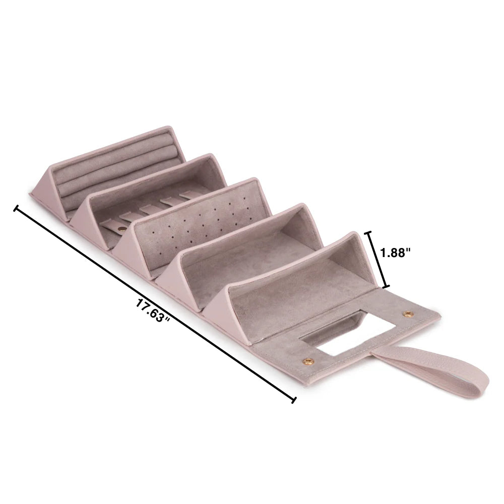 Pink travel organizer with dimensions on a white background