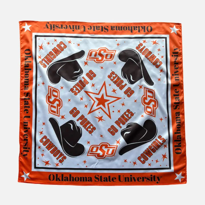 An Oklahoma State University themed square bandana or scarf featuring the official OSU logo, cowboy hats, and stars on a white background with an orange border.