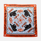 An Oklahoma State University themed square bandana or scarf featuring the official OSU logo, cowboy hats, and stars on a white background with an orange border.