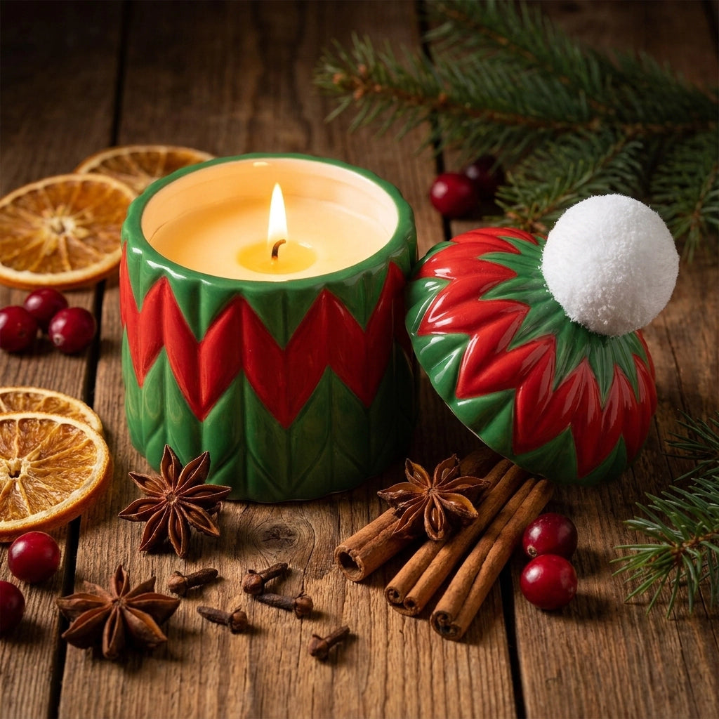A lit holiday candle in a green and red patterned holder sits on a rustic wooden surface with its matching lid beside it. The scene is styled with pine branches, dried orange slices, cranberries, cinnamon sticks, star anise, and cloves.