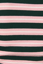 A close-up of a striped knit fabric with alternating dark green and light pink horizontal stripes.