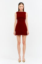 A woman modeling a sleeveless, deep red mini dress with a structured bodice and flared skirt, paired with gold pointed-toe heels, against a plain white studio background.