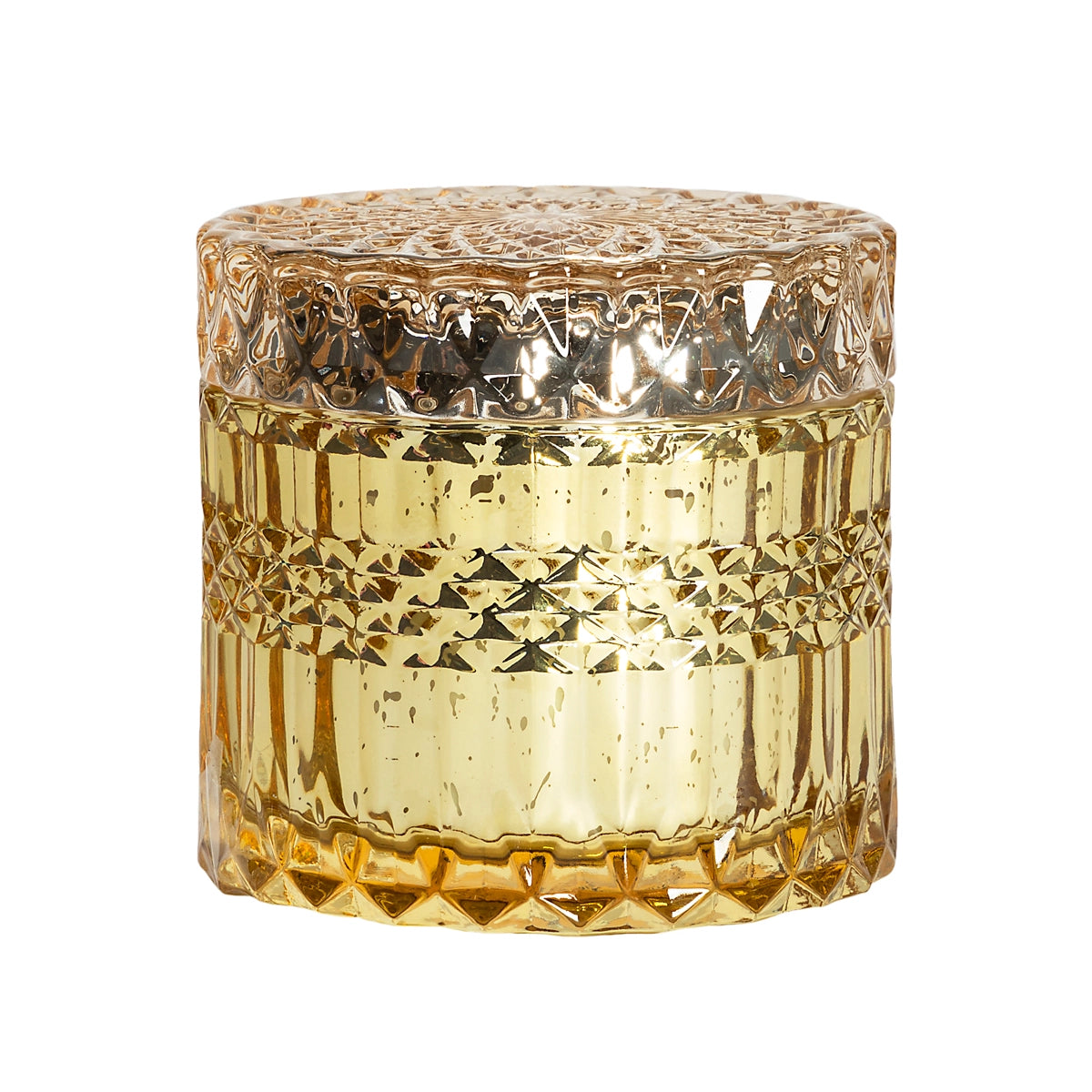 Decorative glass jar with textured design on a white background