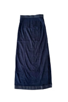 A dark navy blue midi skirt with a textured fabric and contrasting dark trim at the waistband and hem, displayed flat against a white background.