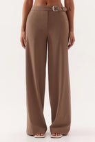 Brown wide-leg pants with a belt on a white background