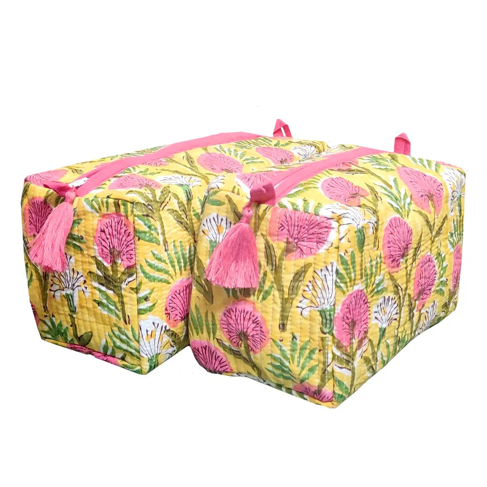 Yellow Floral Print Quilted Cosmetic Bag