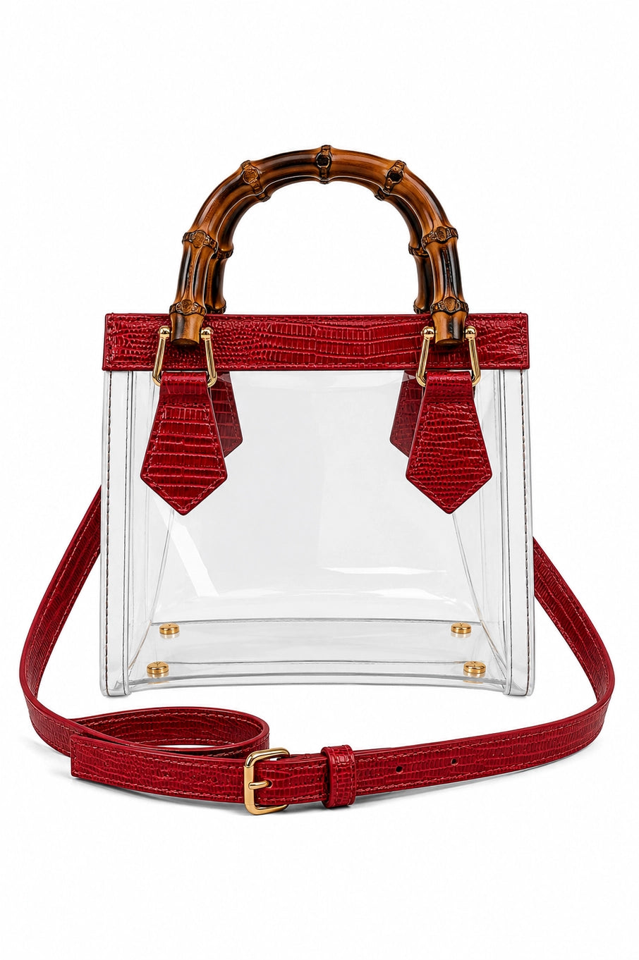 Clear handbag with red accents and bamboo handle on a white background