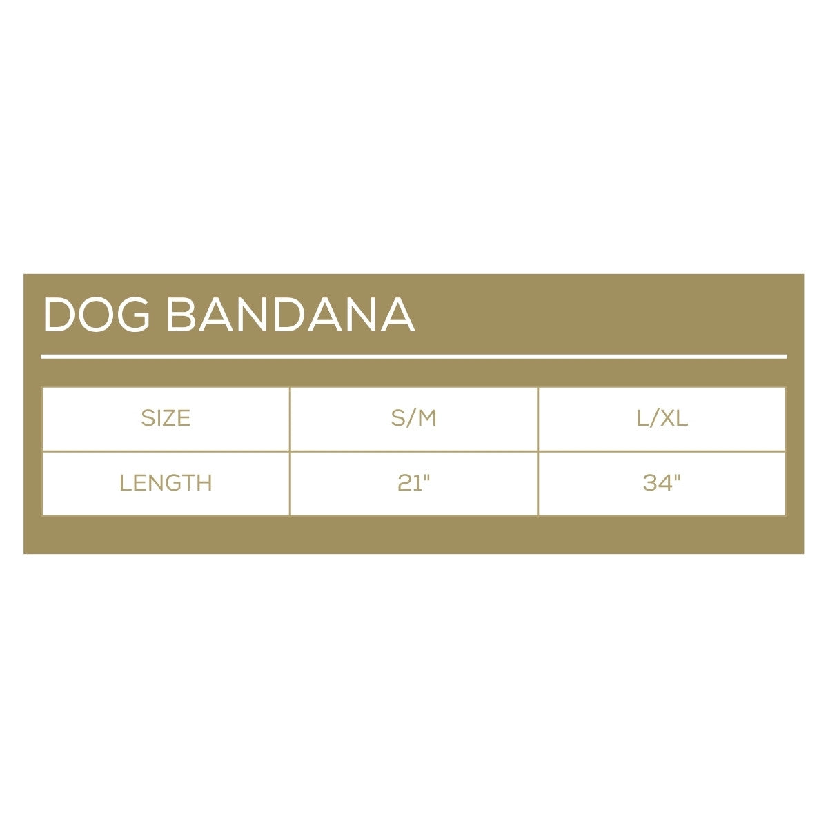 Dog bandana size chart with S/M and L/XL options on a white background
