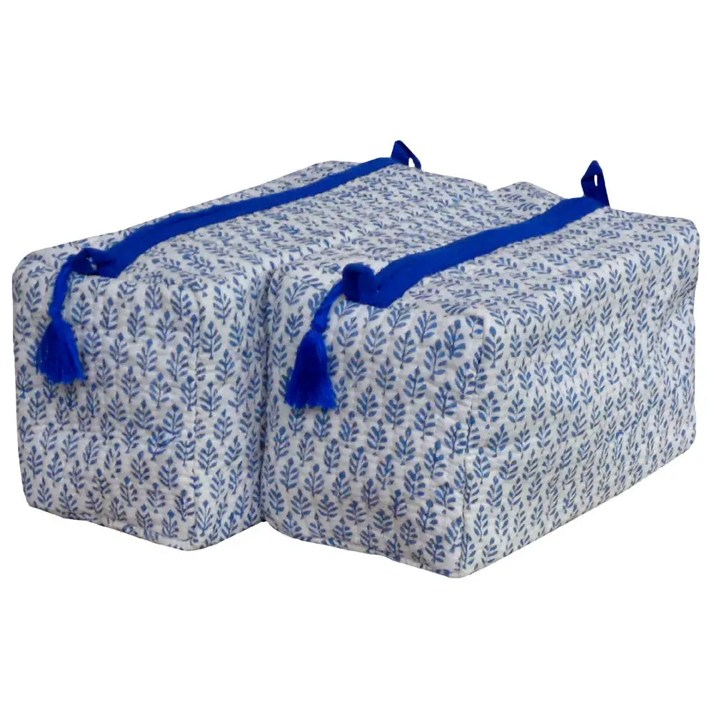 Blue Floral Print Quilted Cosmetic Bag