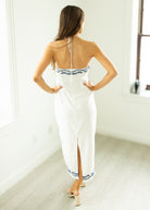 woman in white blue dress