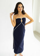 woman wearing navy dress