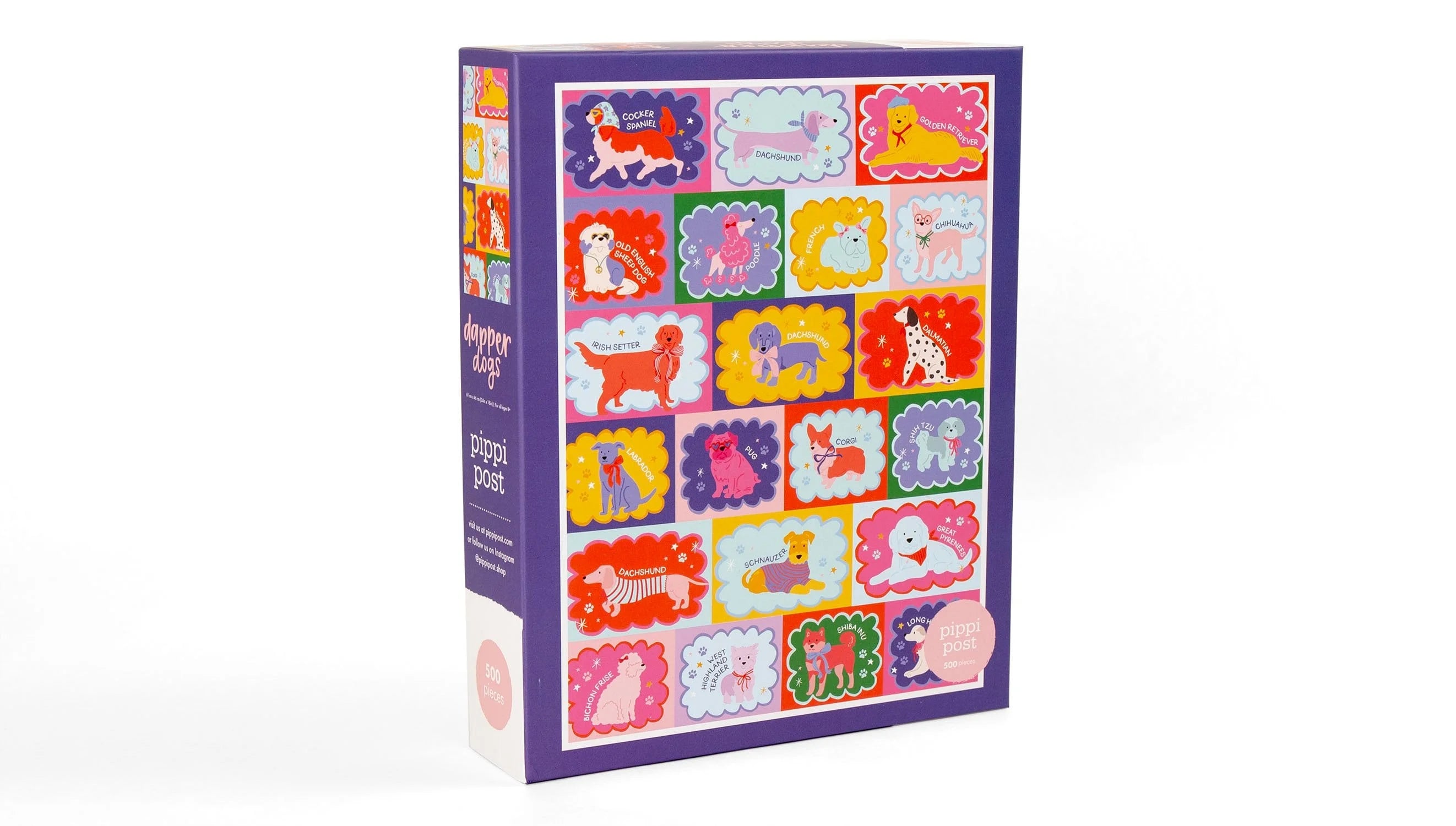 Dog puzzle box with colorful illustrations on a white background