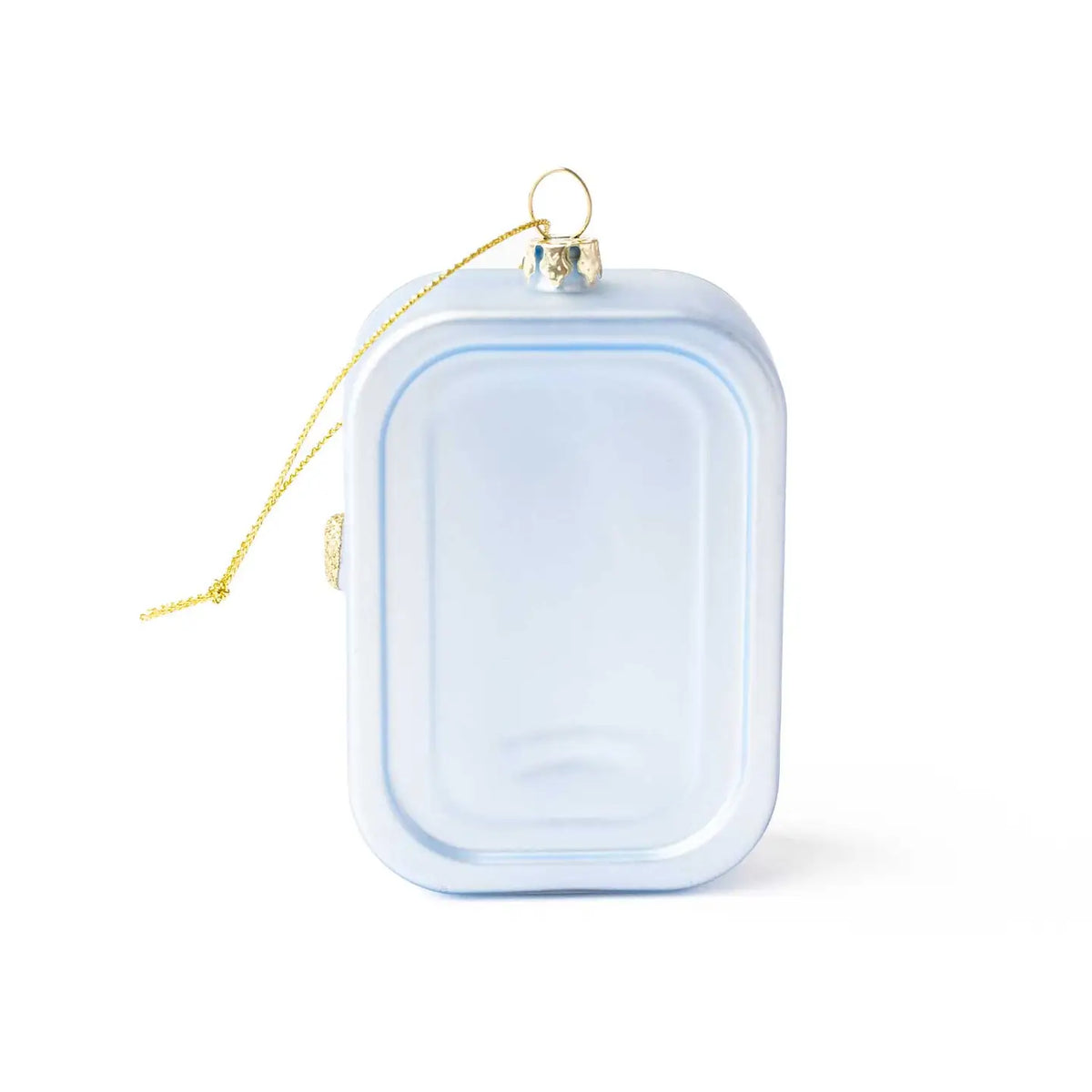 A light blue rectangular hard case with rounded corners, featuring a gold hanging loop and a delicate gold chain at the top, set against a plain white background.