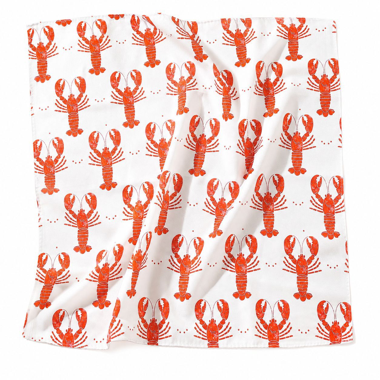 A square white bandana scarf featuring a repeating pattern of bright orange-red lobsters on a white background