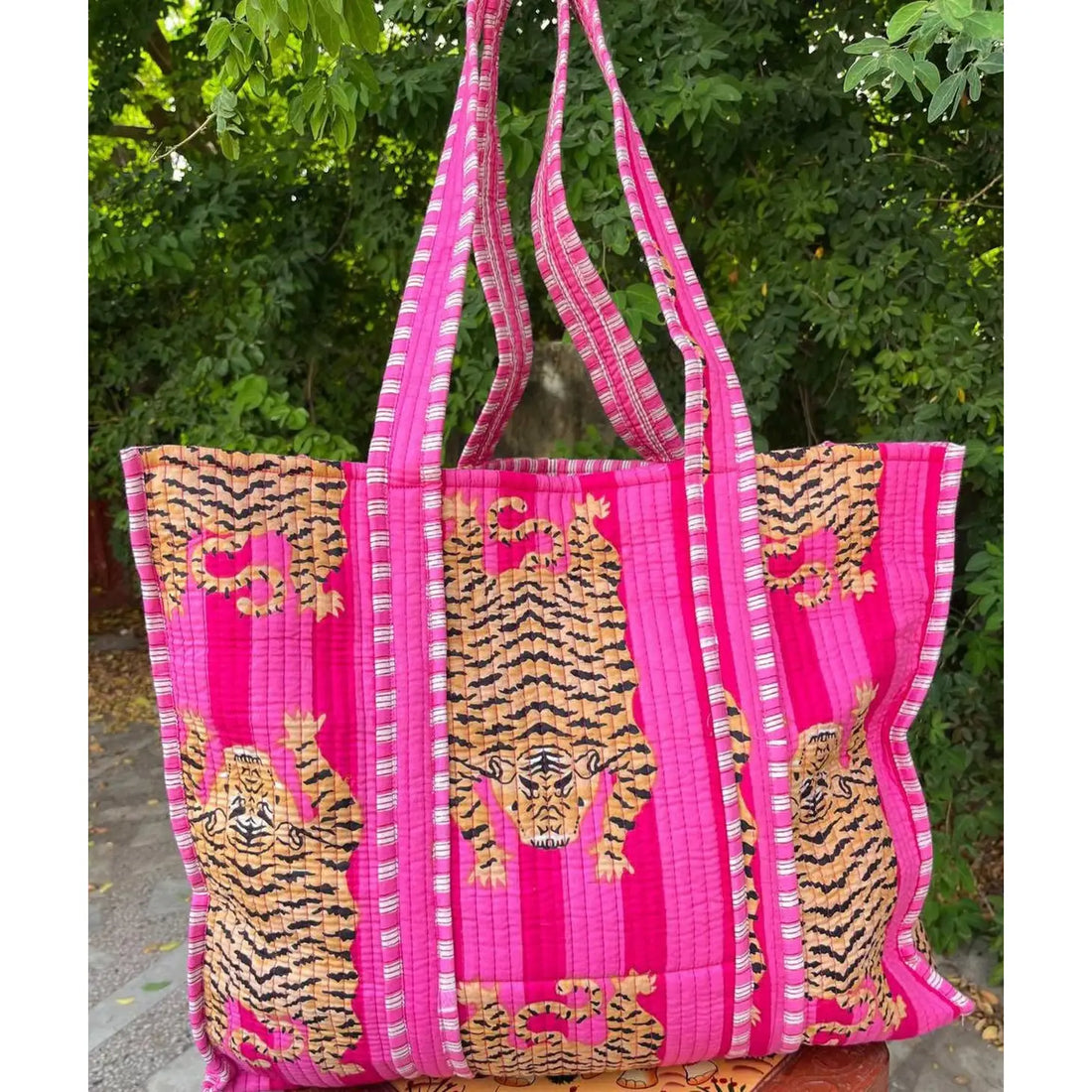 Tiger Print Quilted Tote - Pink