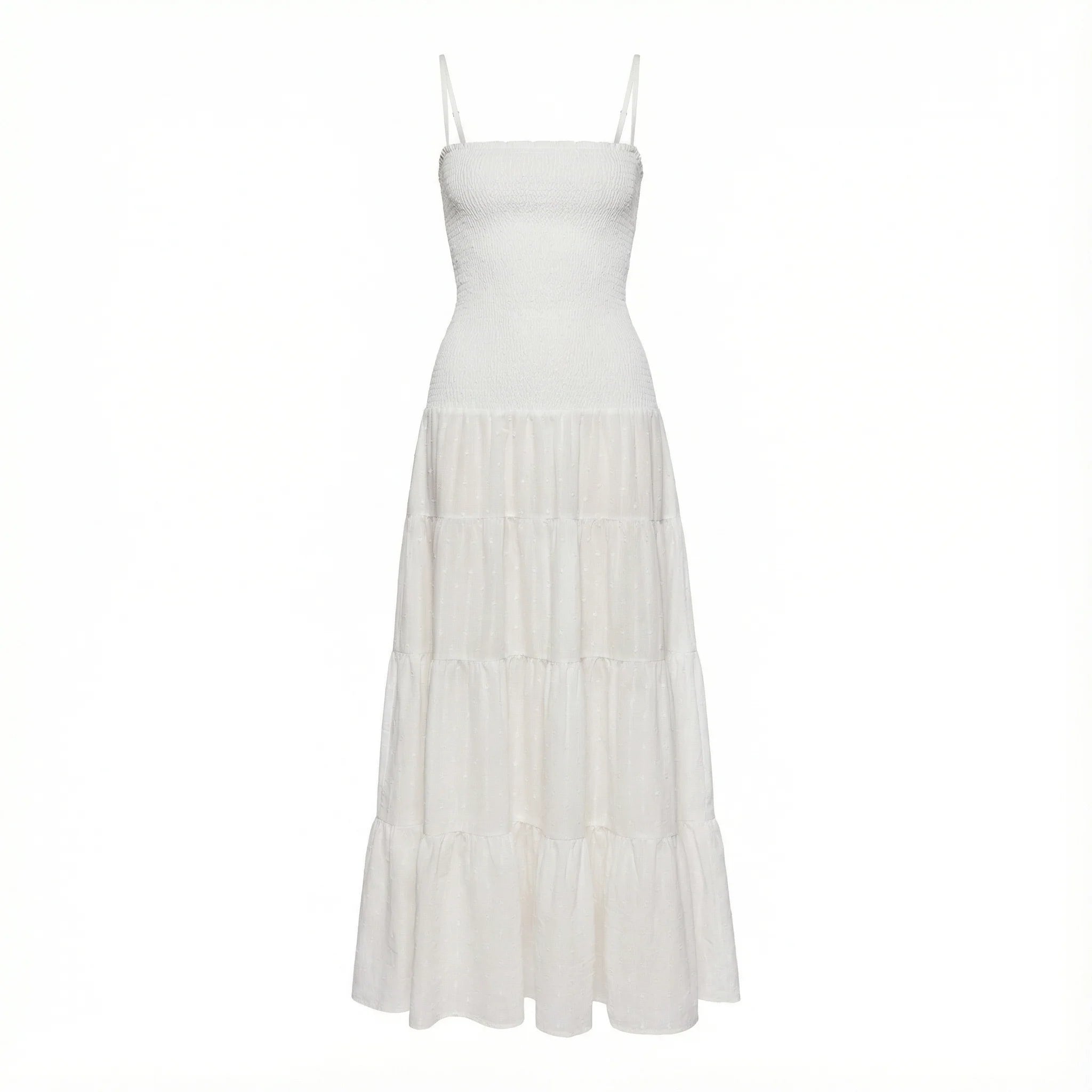 White dress with a tiered skirt on a white background