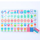 Colorful game board with various symbols and designs on a white background