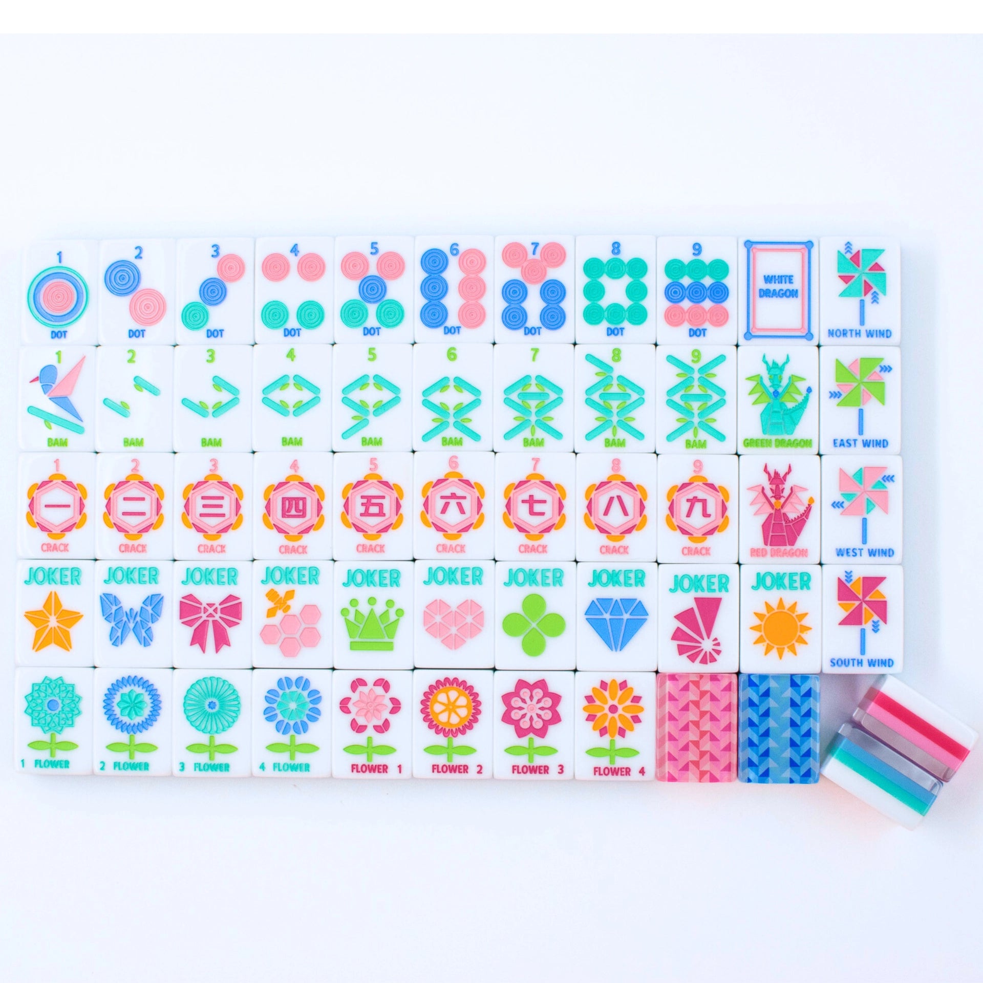 Colorful game board with various symbols and designs on a white background