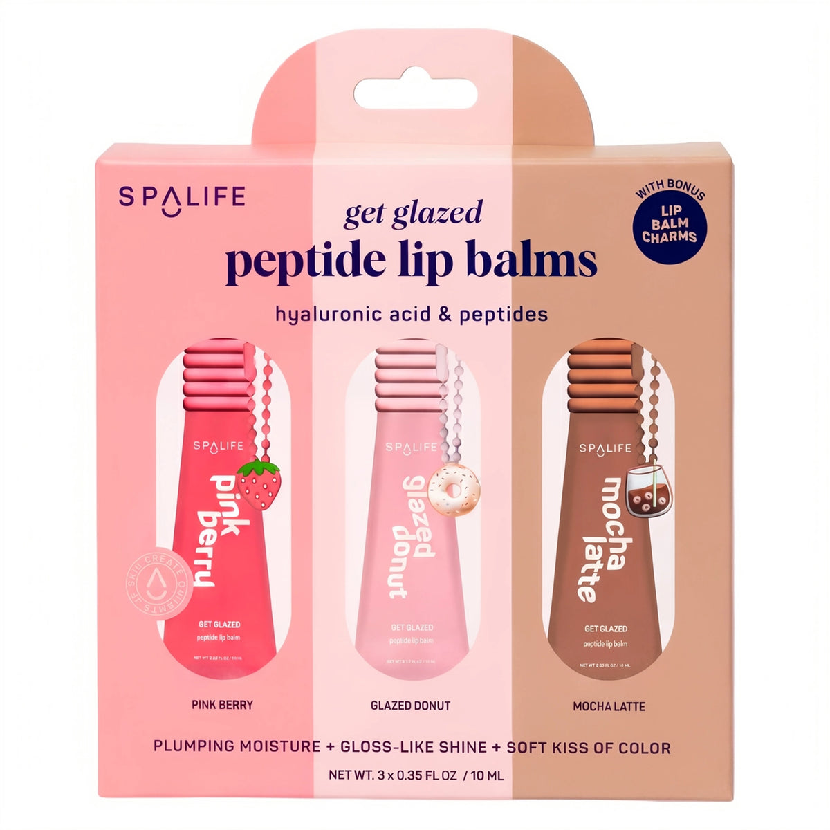 A boxed set of three Spalife 'get glazed' peptide lip balms in pink packaging, featuring pink berry, glazed donut, and mocha latte flavors.