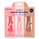 A boxed set of three Spalife 'get glazed' peptide lip balms in pink packaging, featuring pink berry, glazed donut, and mocha latte flavors.