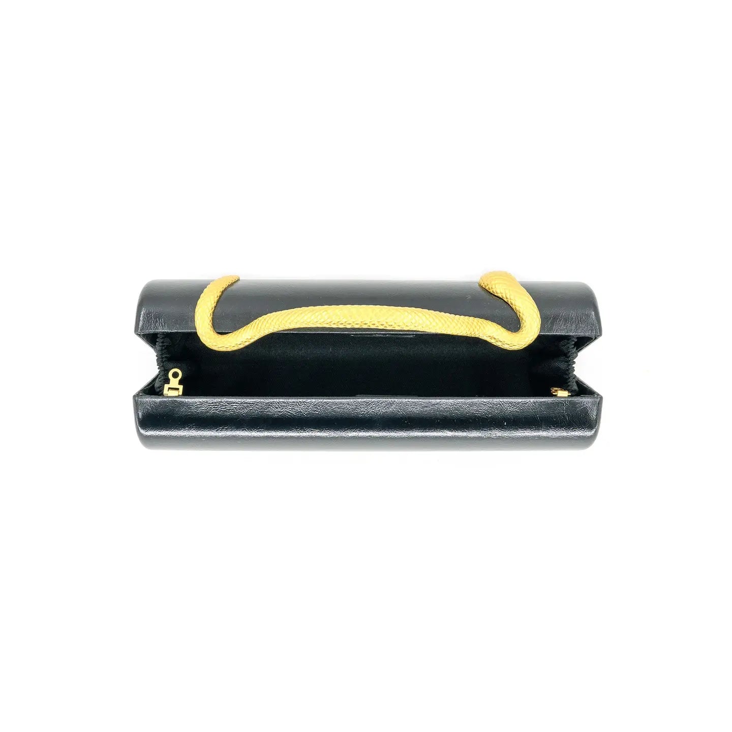 A black leather clutch bag with a bright gold textured handle and gold-tone hardware, shown open against a plain white background.