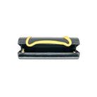 A black leather clutch bag with a bright gold textured handle and gold-tone hardware, shown open against a plain white background.