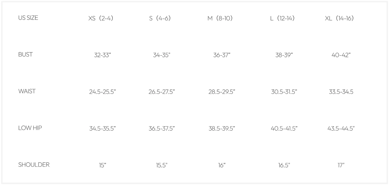 A size chart table showing measurements for US sizes XS through XL, including bust, waist, low hip, and shoulder measurements in inches.