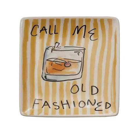 Decorative plate with an illustration of a cocktail glass and text 'Call Me Old Fashioned' on a striped background.