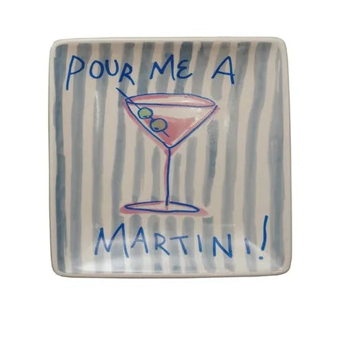 square ceramic plates with cocktail-themed designs and text on a white background