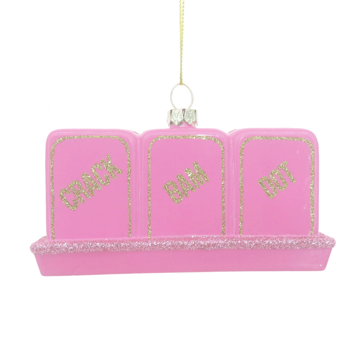 Pink glass candy dish with 'Crack', 'Bam', and 'Boo' text on a white background
