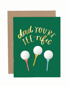 Greeting card with golf balls and 'Dad You're Tee-rific' text on a green background