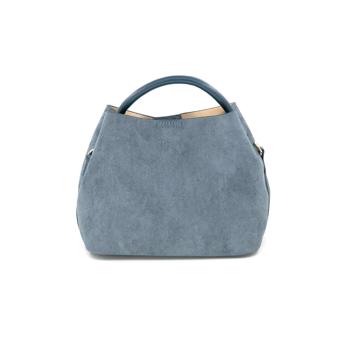 A dusty blue suede handbag with a top handle, photographed against a solid white background.