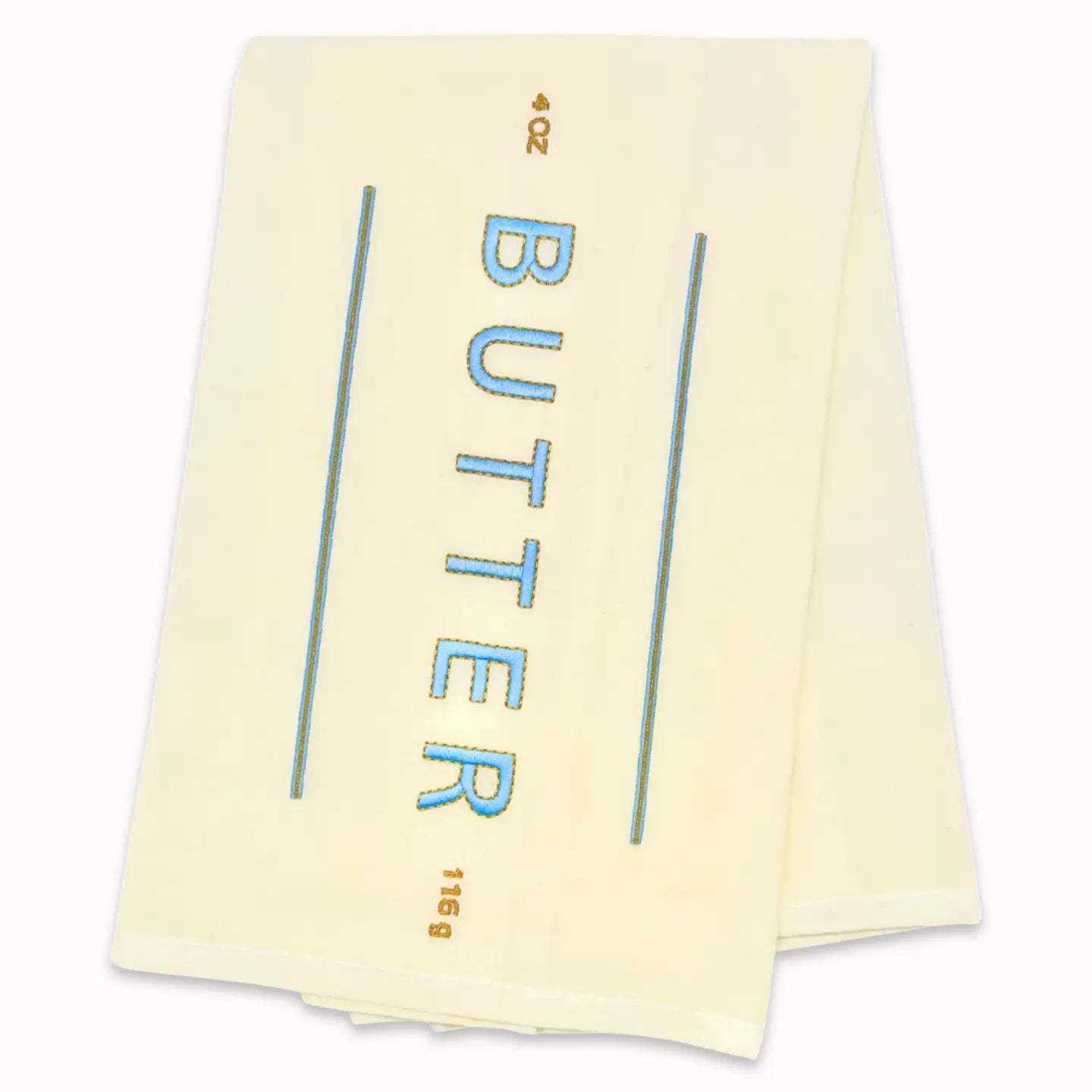 A stack of cream-colored butter wrappers with 'BUTTER' printed vertically in blue letters, flanked by two teal lines, on a plain white background.