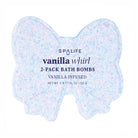 A bow-shaped bath bomb package labeled 'SPALIFE vanilla whirl 2-PACK BATH BOMBS' on a plain white background.