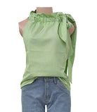 Green striped sleeveless top with ruffled shoulders on a mannequin against a white background