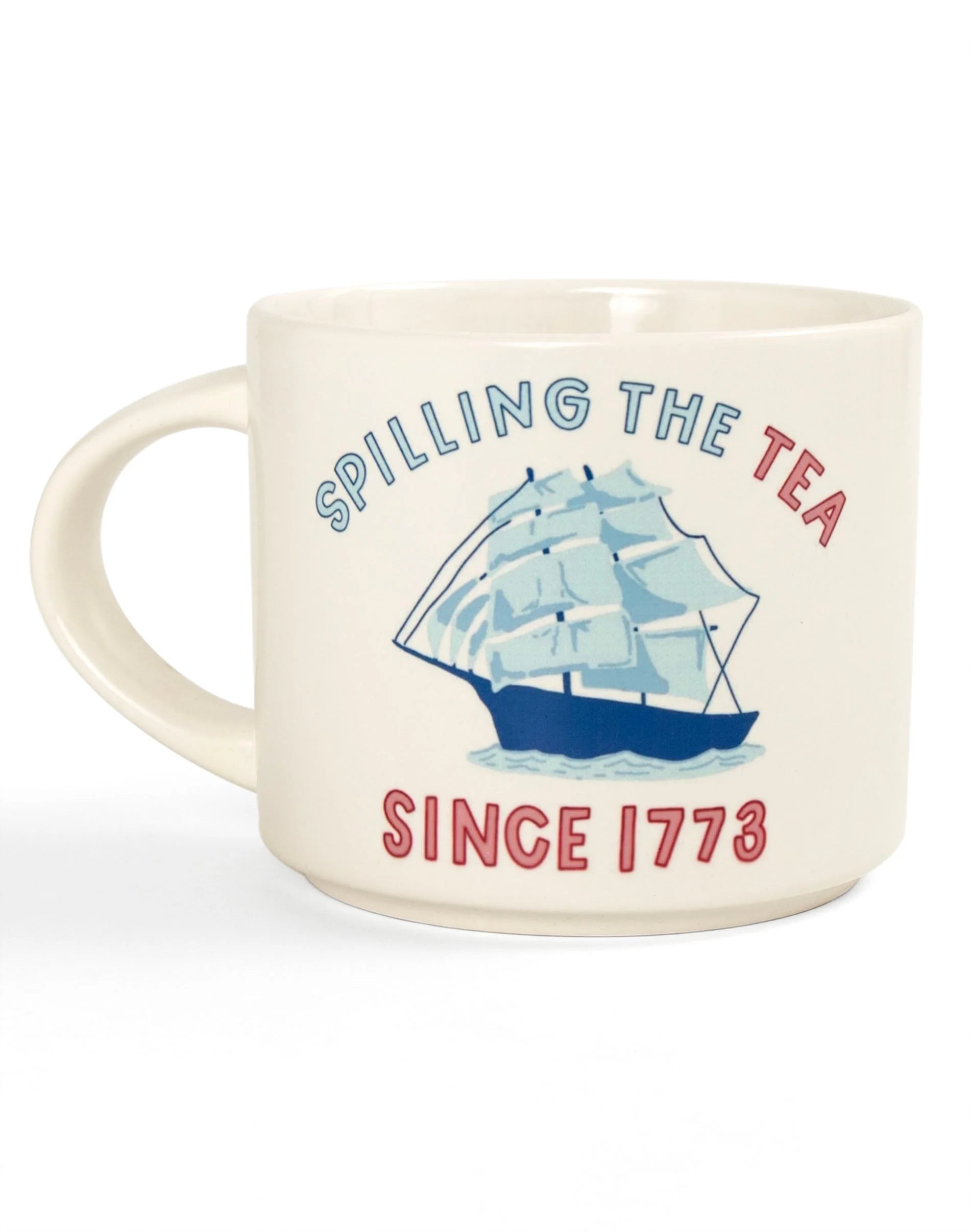 Mug with a ship design and text 'Spilling the Tea Since 1773' on a white background
