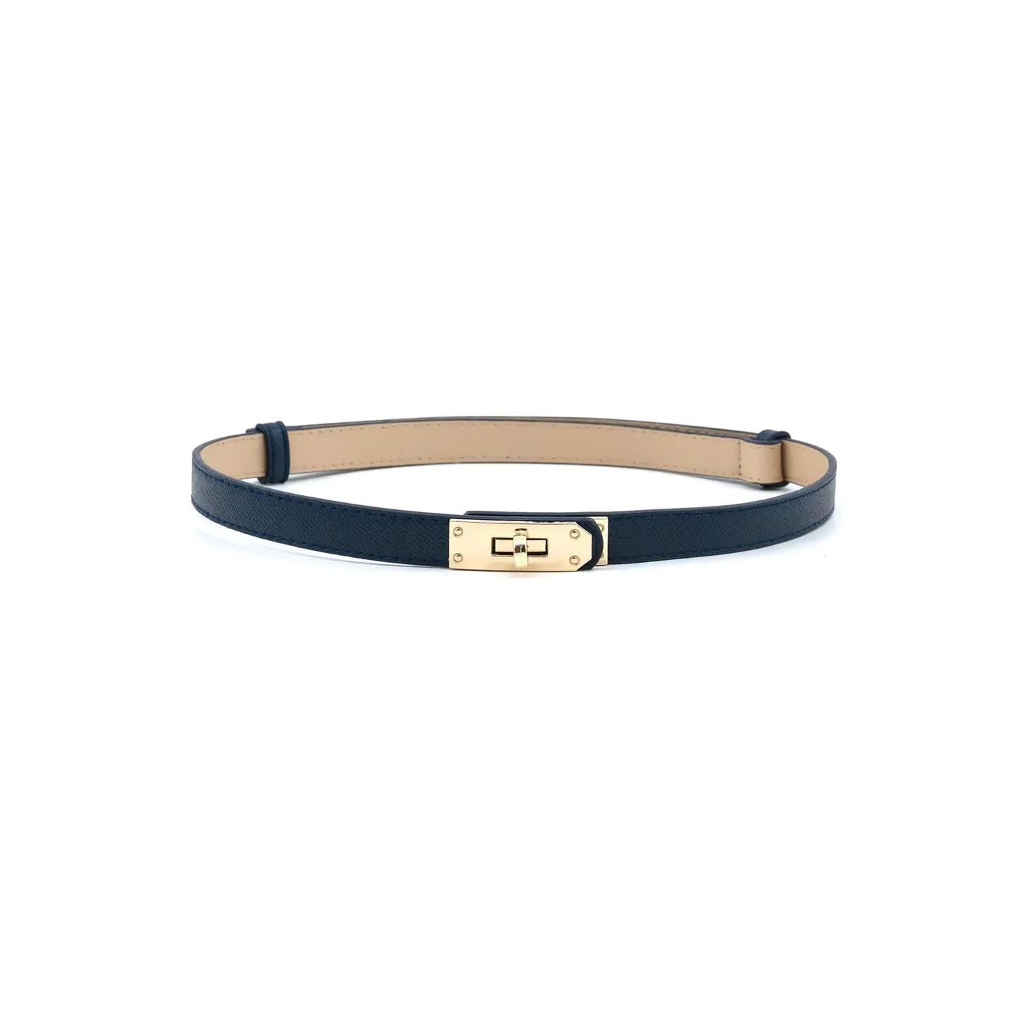 A slim navy leather belt with a gold-tone turn-lock clasp and a beige interior lining, displayed horizontally on a clean white background.