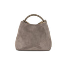 Gray suede handbag on a white background