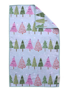 A double sided kitchen towel with a light blue-green background and a repeating pattern of Christmas trees in pink and green. The top-right corner is folded over to show the reverse side, which has a solid light blue-green border.