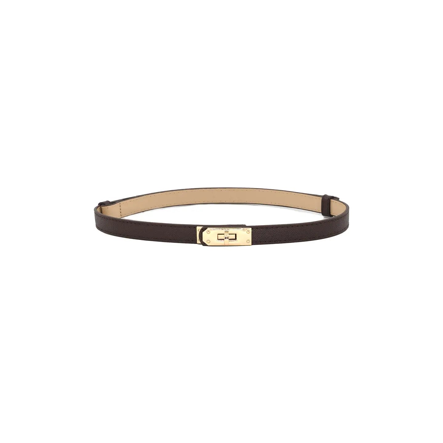 A slim dark brown leather belt with a gold-tone turn-lock clasp and a beige interior lining, displayed horizontally on a solid white background.
