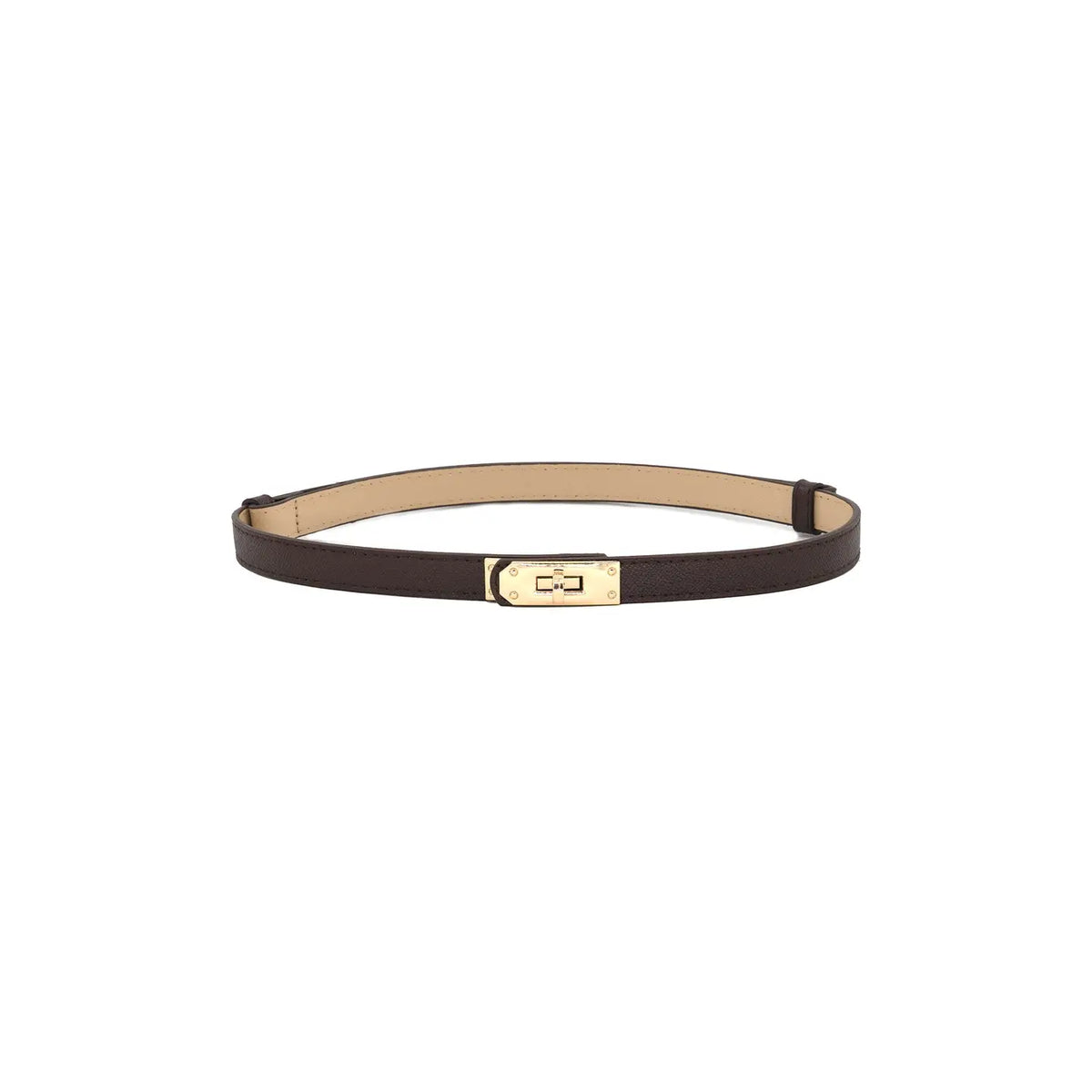 A slim dark brown leather belt with a gold-tone turn-lock clasp and a beige interior lining, displayed horizontally on a solid white background.