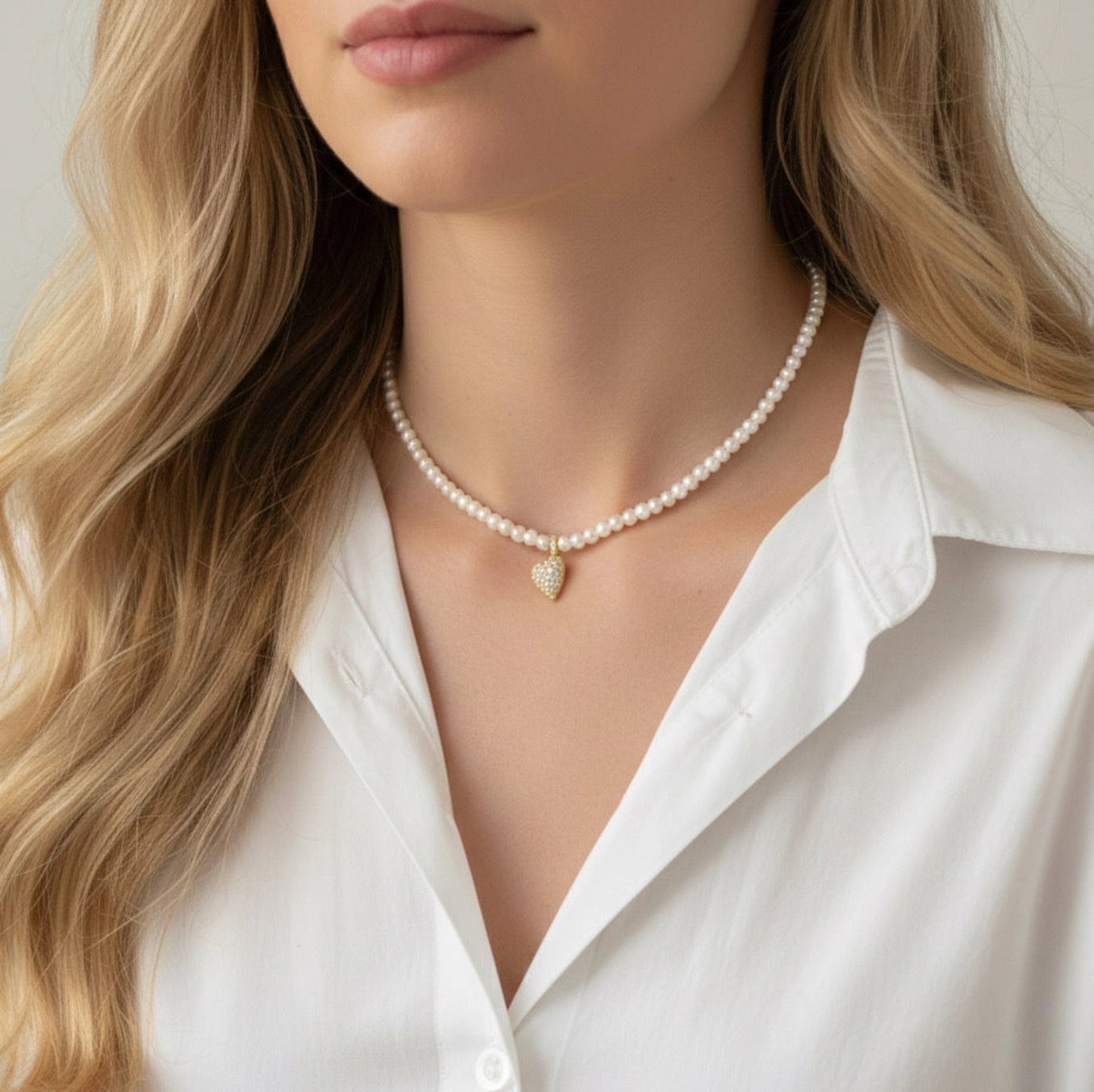 Pearl necklace with a heart pendant worn by a person in a white shirt.