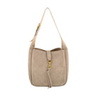 A taupe suede hobo shoulder bag with a gold-tone metal clasp and strap adjuster, shown against a plain white background.